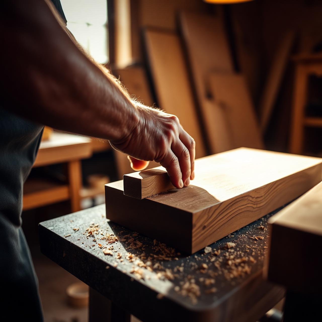 Artisan hands shaping solid oak